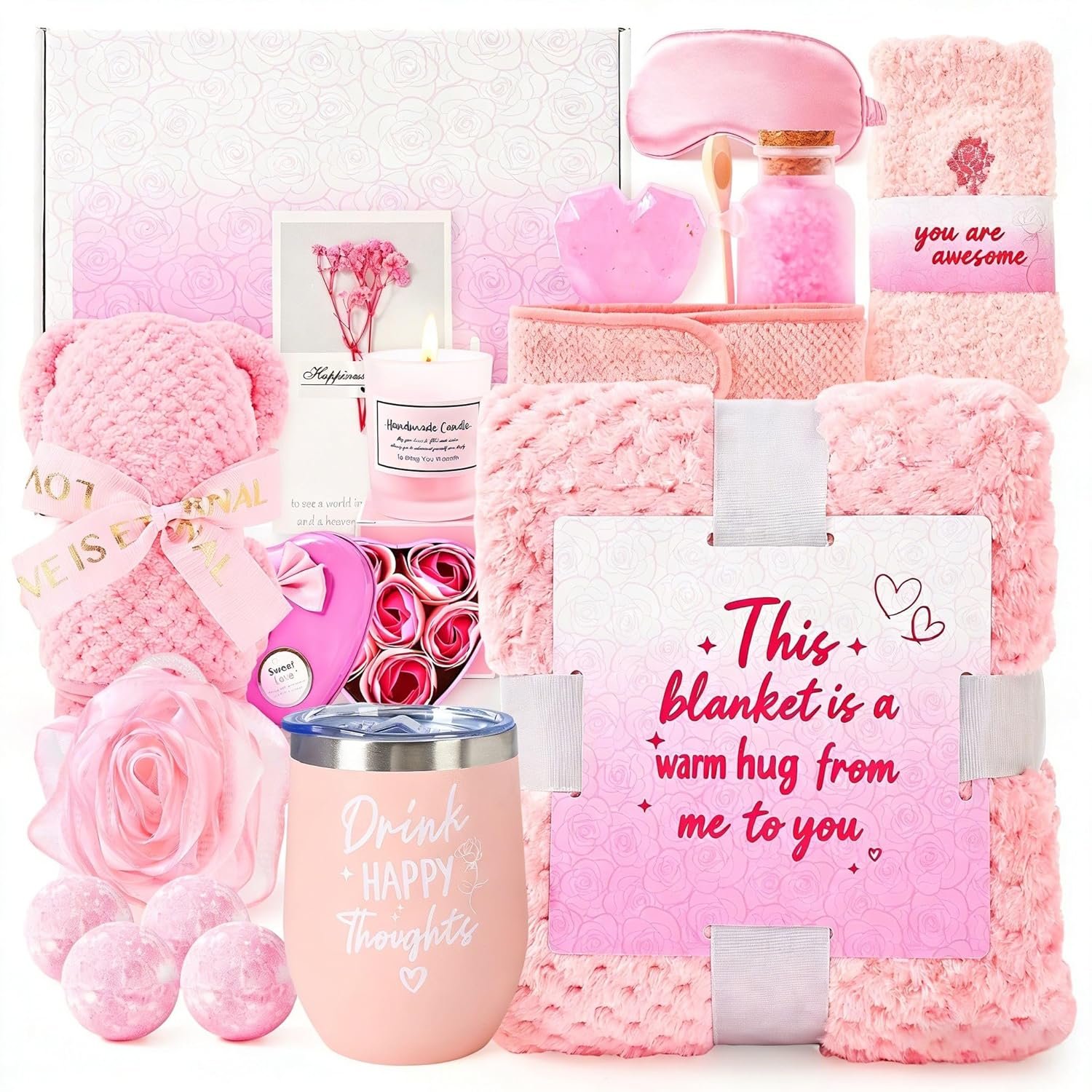 Belloxis Valentines Day Gifts for Her 15Pcs Spa Gifts for Women Self Friend Care Gift Baskets Get Well Soon Presents Pink Rose Care Relaxing Package Basket Set Valentine for Mom Sister Wife Grandma