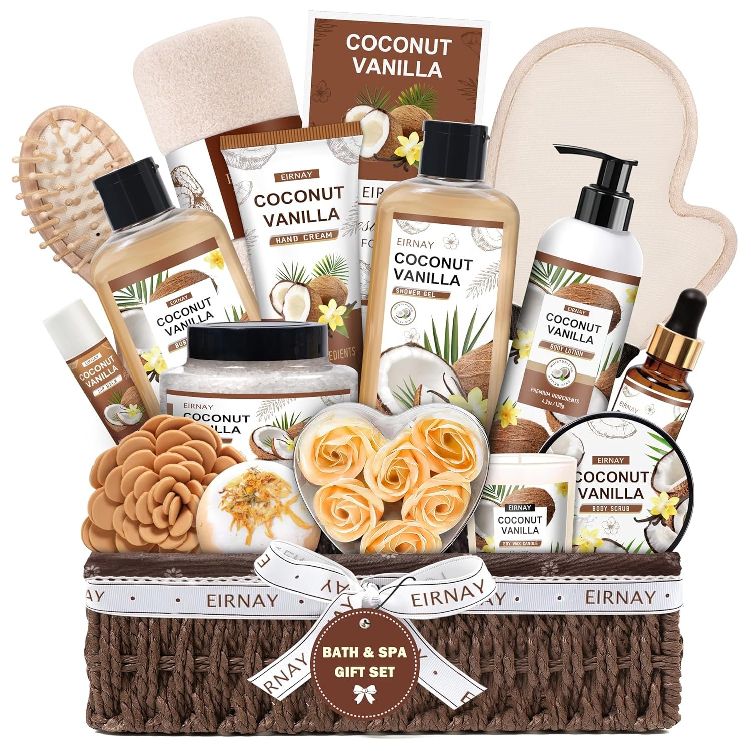 Christmas Gifts For Women – 16 PCS Birthday Gift Basket for Women Set of Coconut Vanilla Self Pampering Set, Includes Luxurious Home Spa Shower Gel Bubble Bath
