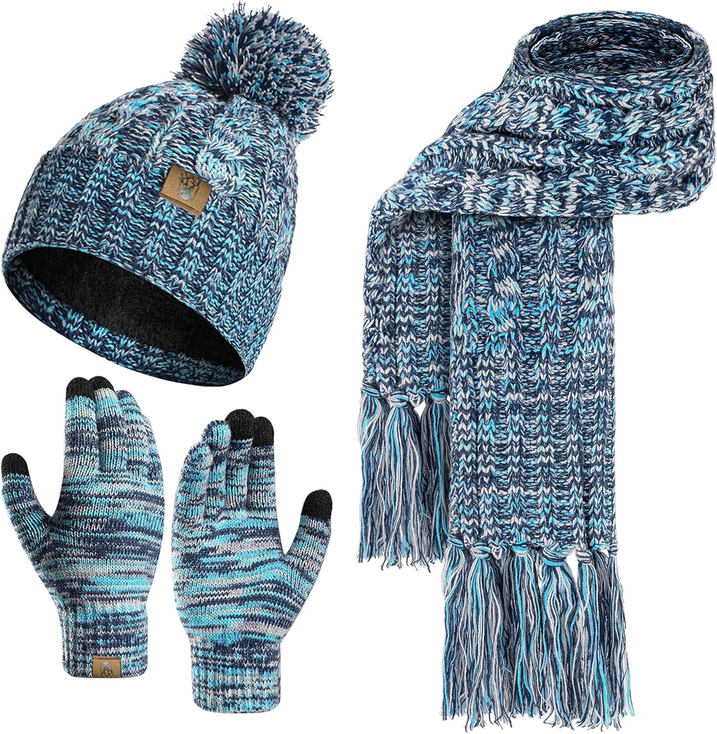 Womens Winter Warm Beanie Hat Touchscreen Gloves Lone Neck Scarf Set with Fleece Lined Pom Skull Cap Gift for Women 3PCS