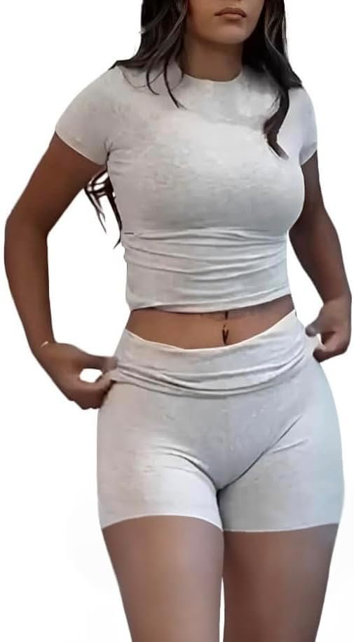 AYWA Women’s Two Piece Sets Summer Slim Fitted Short Sleeve Tops Foldover Shorts Matching Lounge Sets