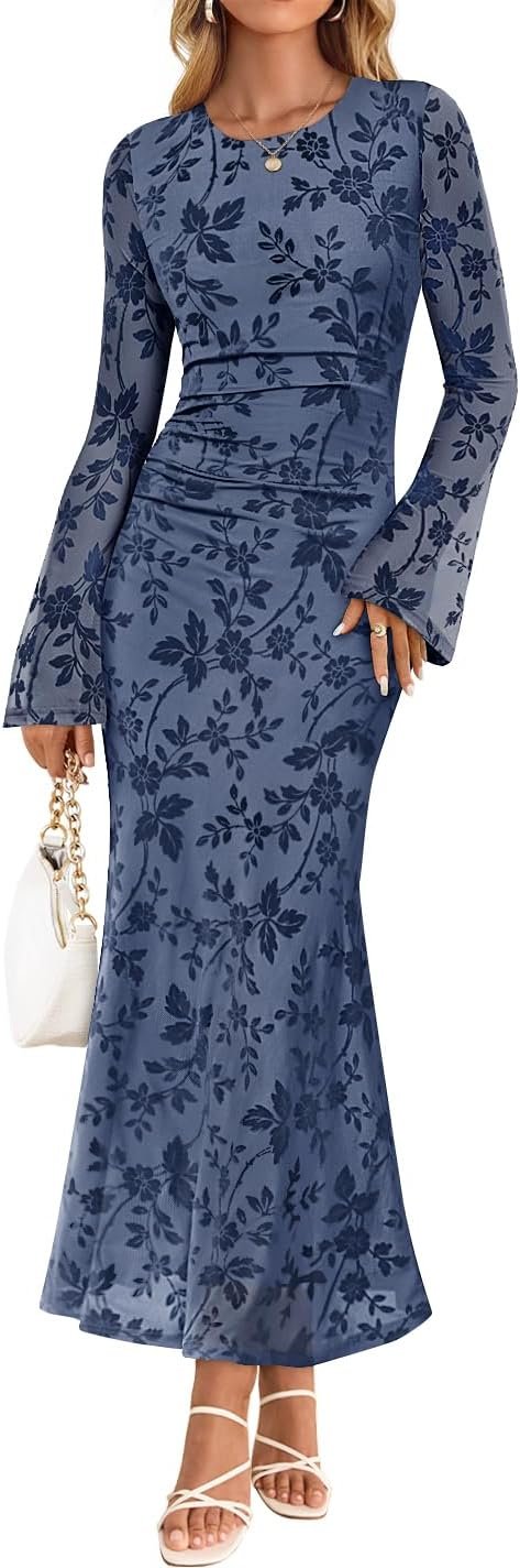 ZESICA Women’s Long Sleeve Floral Bodycon Dress 2026 Spring Fall Ruched Mesh Wedding Guest Cocktail Party Maxi Dresses