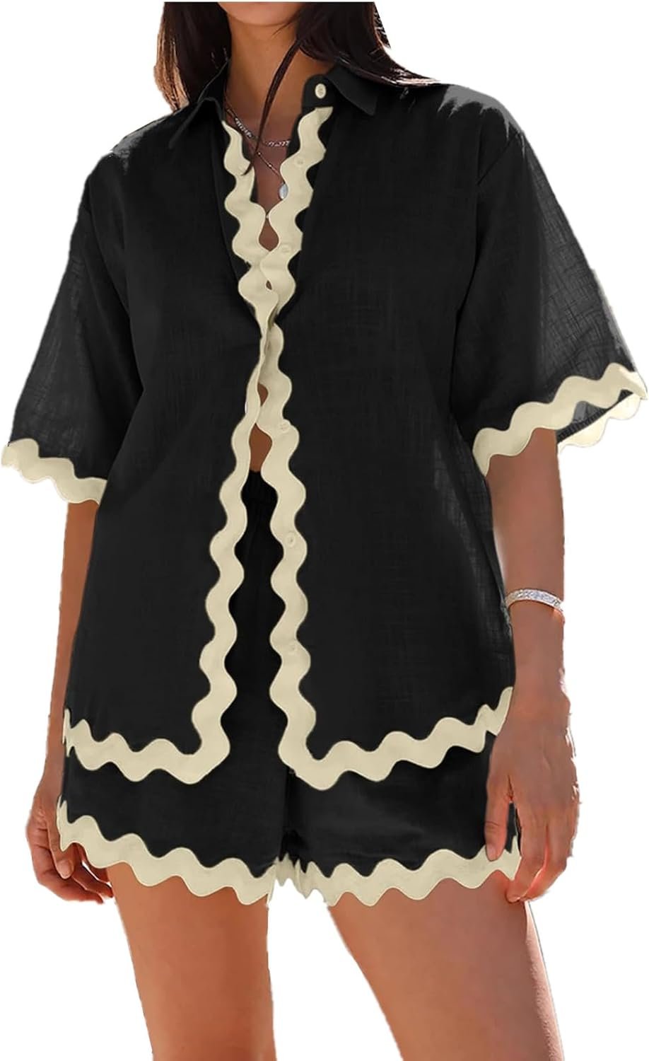 Womens Summer 2 Piece Matching Set Vacation Outfits Cruise Beach Summer Short Sleeve Oversized Shirts And Shorts Sets