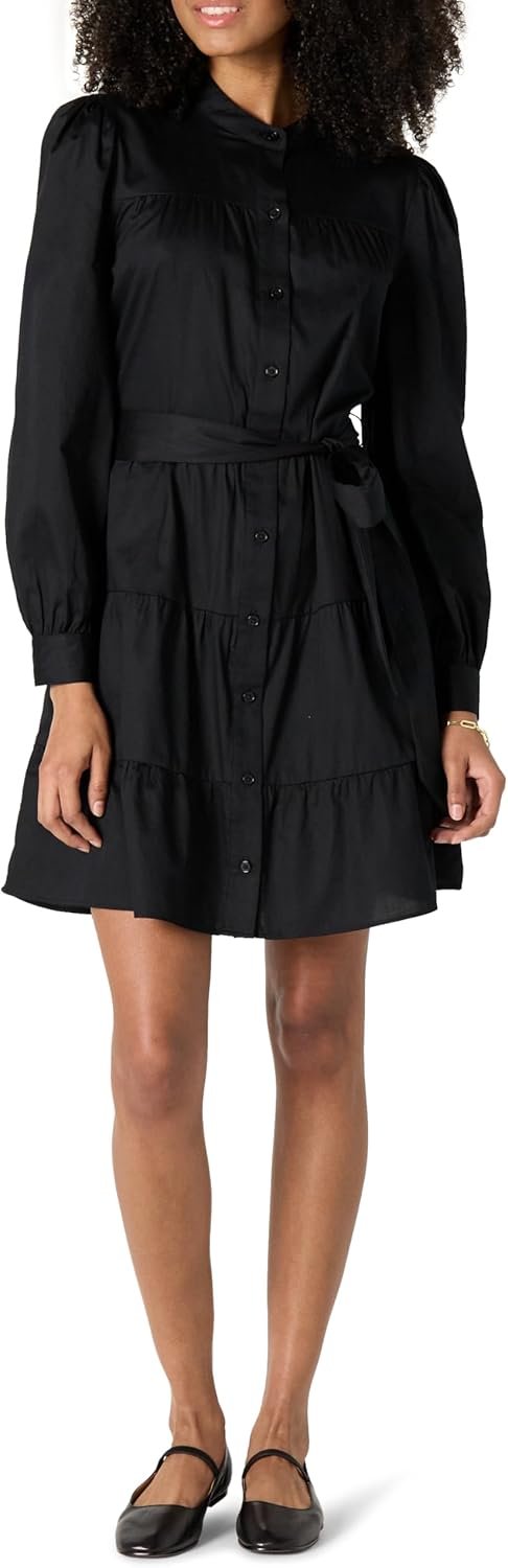 Amazon Essentials Womens Regular-Fit Cotton Sateen Tiered Shirt Dress