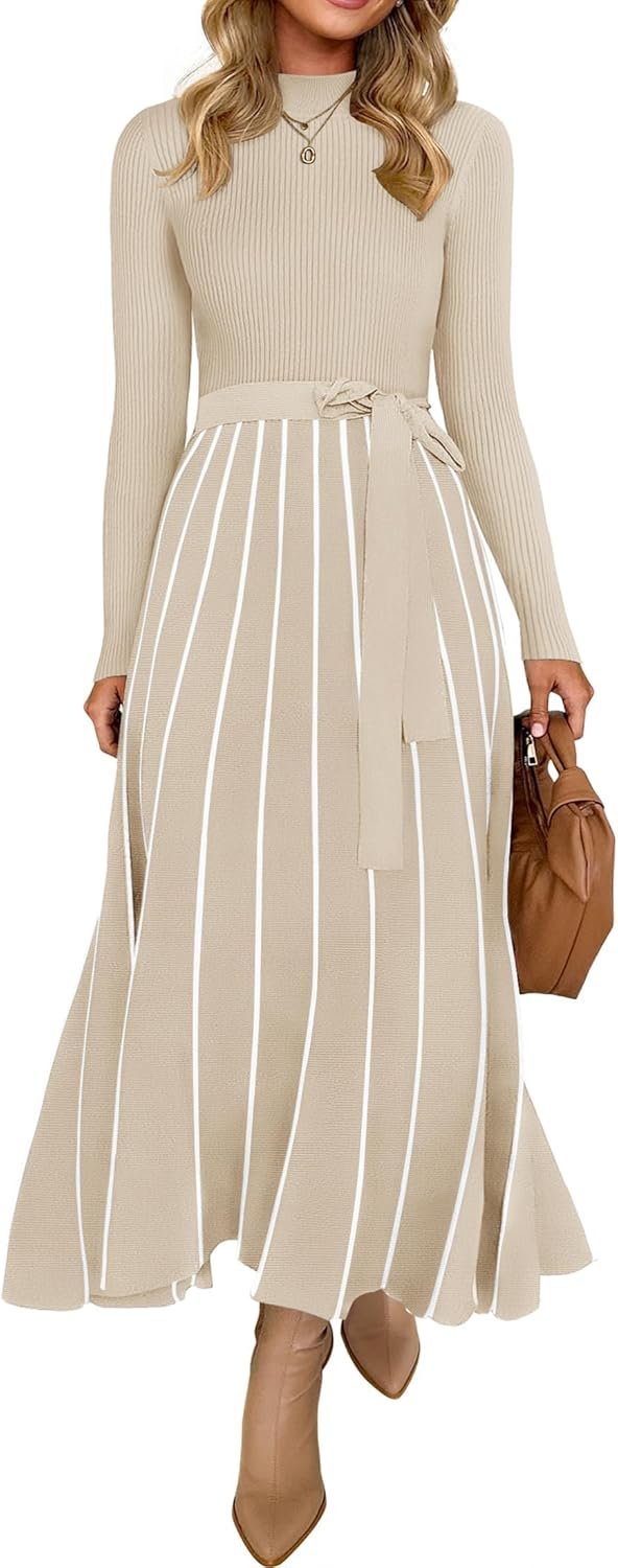 ZESICA Womens 2026 Spring Turtleneck Long Sleeve Sweater Dress Tie Waist Casual Loose Ribbed Knit A Line Midi Dresses