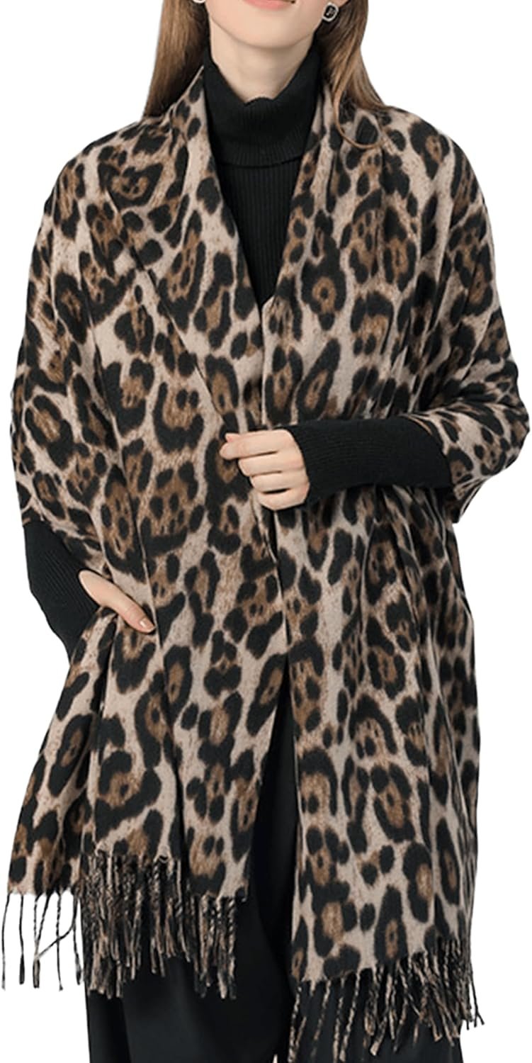 Women’s Large Long Leopard-Print-Fringe Blanket-Scarf All Season Soft Warm Scarf Wrap Shawl Ladies Gifts 71”*28