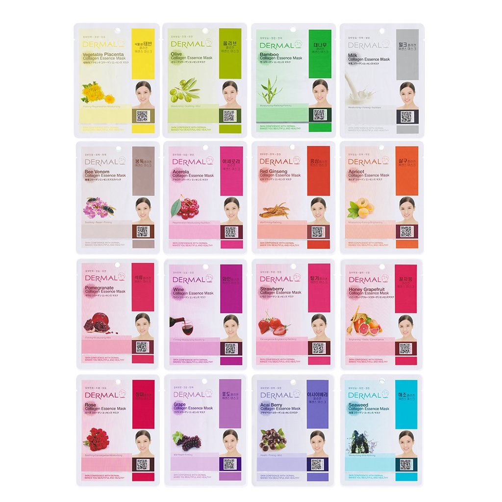 DERMAL Collagen Essence Sheet Mask 16 Combo Pack – 16 Days Daily Skin Therapy for Glow – Variety Gift Set – K-Beauty