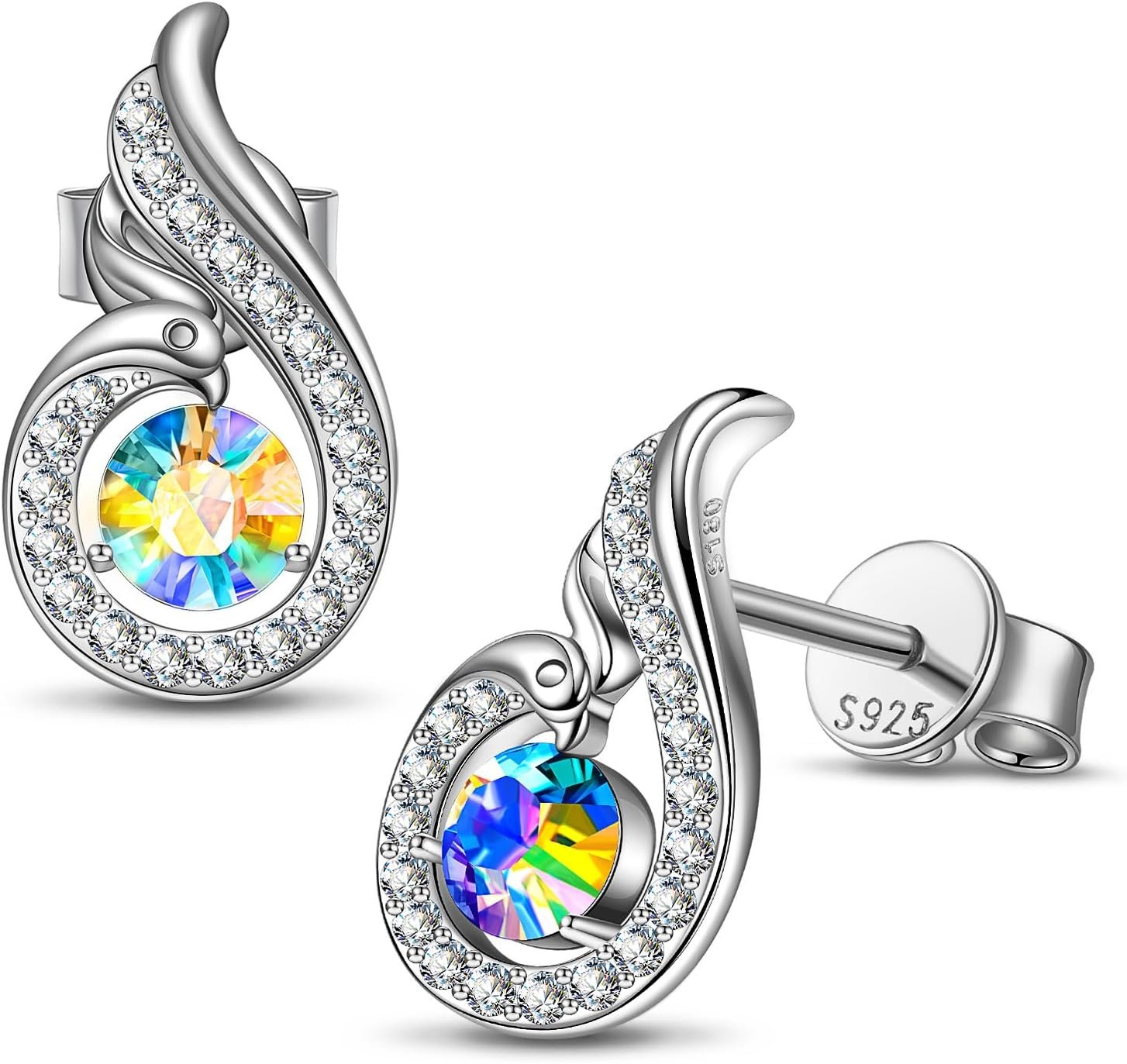Kate Lynn “Rise From the Ashes” Sterling Silver Phoenix Earrings, Stud Earrings with Crystals from Austria, Packaged with Jewelry Box, Birthday Gifts for Women, Symbol of Luck and Renewal