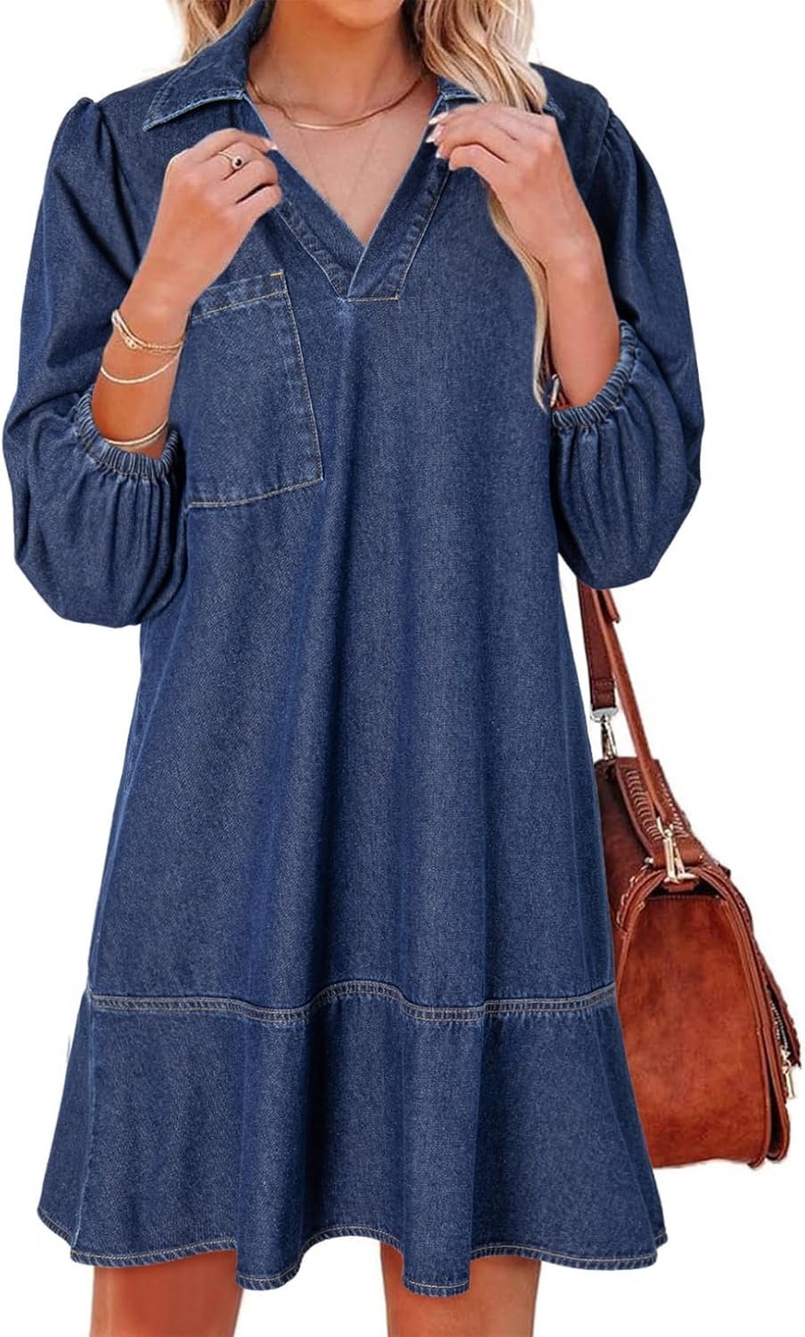 Dokotoo Denim Dress for Women Summer Casual Babydoll 2026 V Neck 3/4 Puff Sleeve Jean Dresses