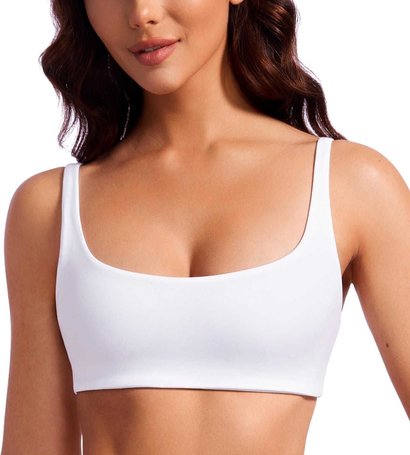 CRZ YOGA Butterluxe Square Neck Sports Bras for Women – Spaghetti Strap Yoga Wireless Low Coverage Padded Cami Crop Top