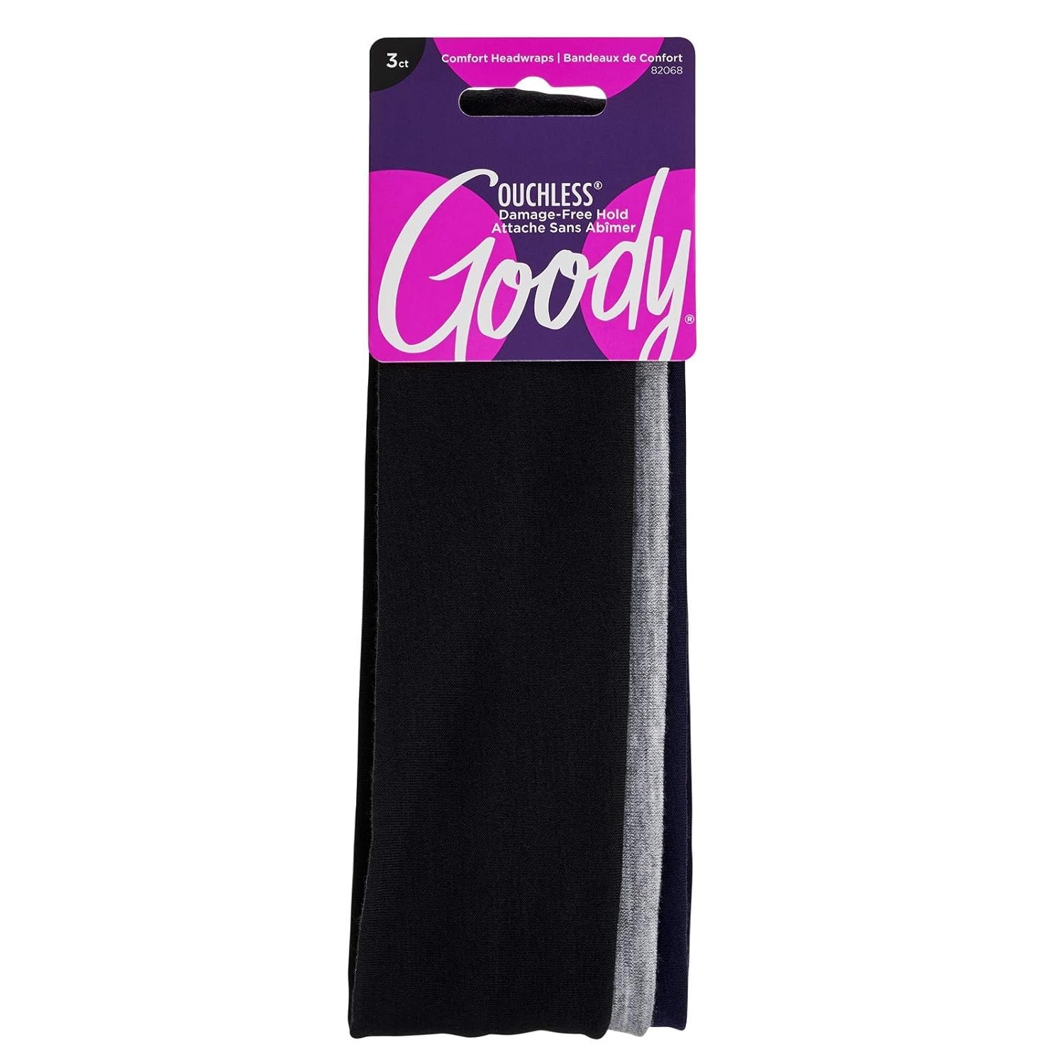 Goody Ouchless Comfort Head Wraps – 3 Ct, Black/Grey/Navy Blue, Soft & Stretchy Fabric Headbands for Women & Men, Secure Hold Yoga, Workout Headband, Versatile Hair Accessories for All-Day Wear