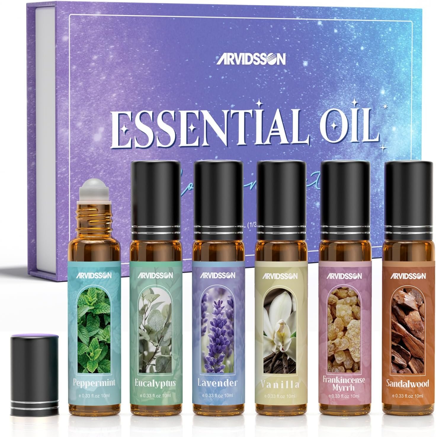 Essential Oils Roll On Gift Set, Natural Aromatherapy Oil Roller for Body, Skin, Massage – Lavender, Peppermint, Frankincense & Myrrh, Eucalyptus, Vanilla, Sandalwood, Gift for Women