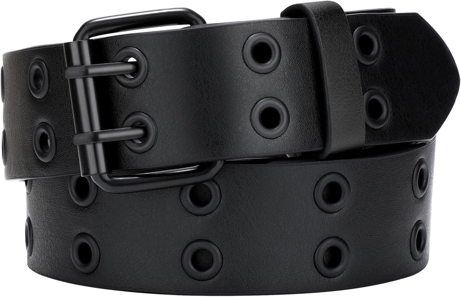 SANSTHS Women Double Grommet Studded Belts, Black Leather Belt for Women Men Punk belt