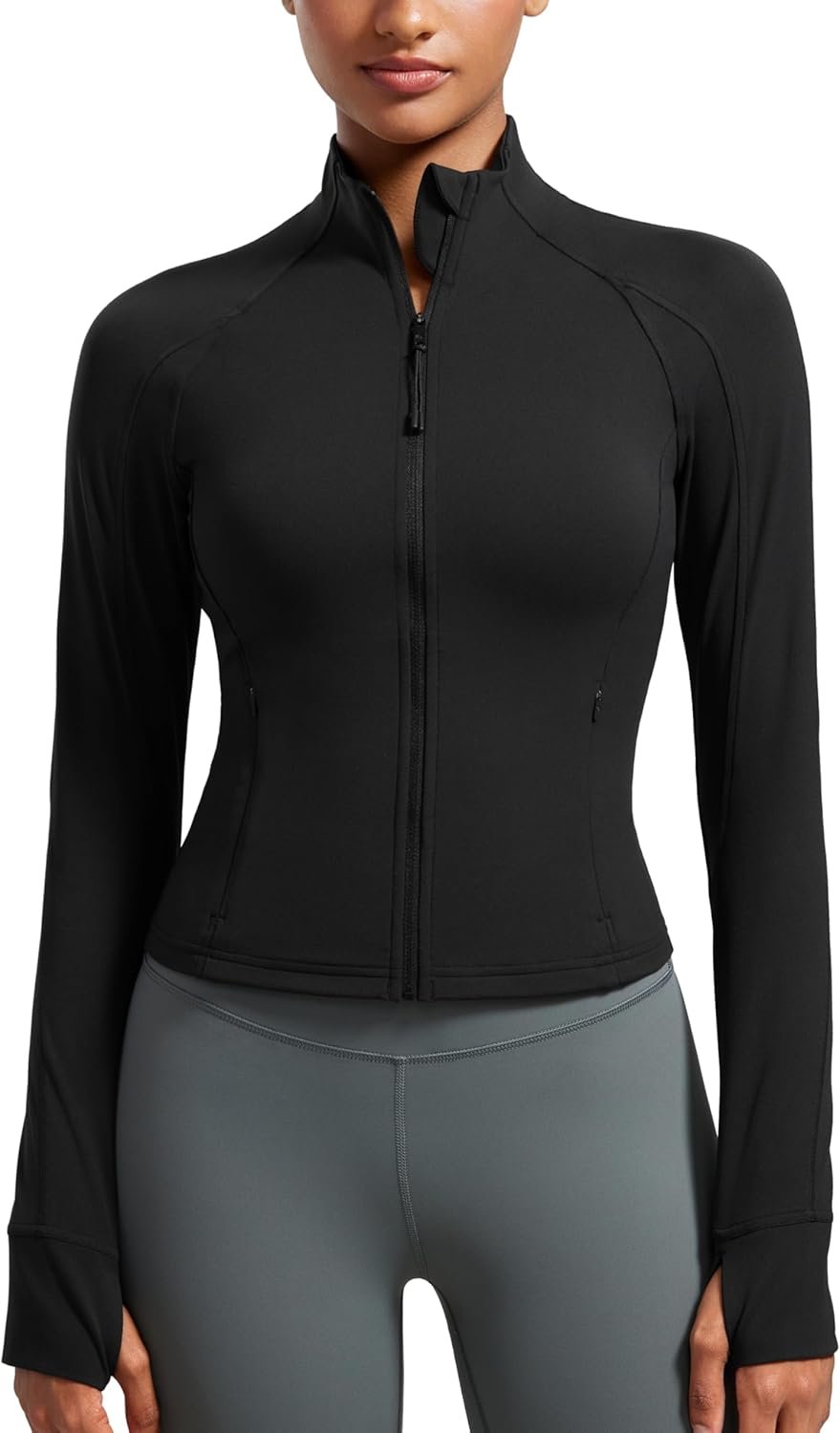 CRZ YOGA Butterluxe Waist Length Jackets for Women – Full Zip Athletic Track Tops with Thumb Holes Pockets