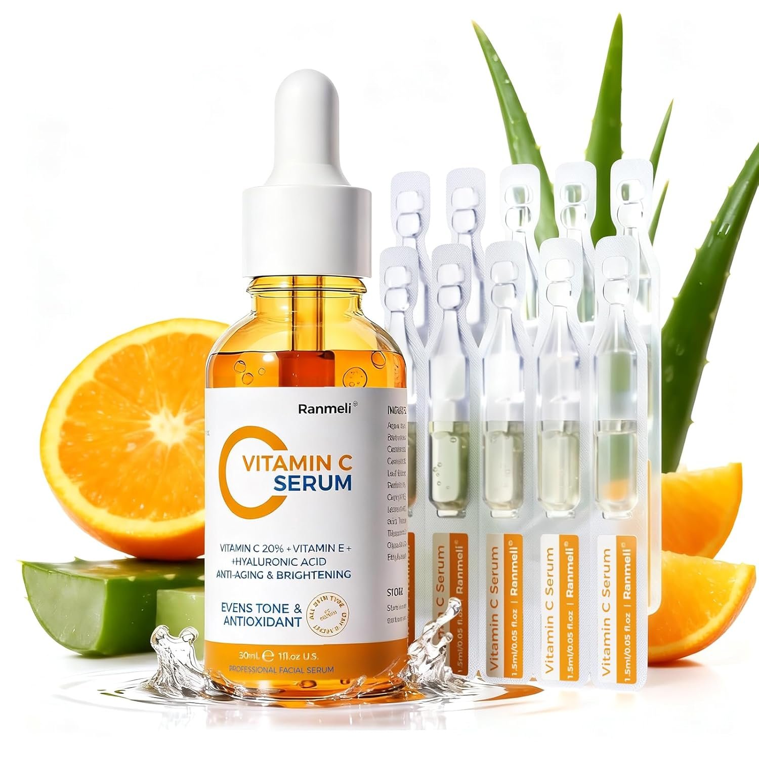 Vitamin C Facial Serum,Anti Aging & Wrinkle With Natural Vitamin C,Sodium Hyaluronate,Skin Brightening Face Serum for Dark Spots, Fine Lines & Wrinkles,All Type Skin Care 1 fl.oz+ 0.05 fl.oz x 10e