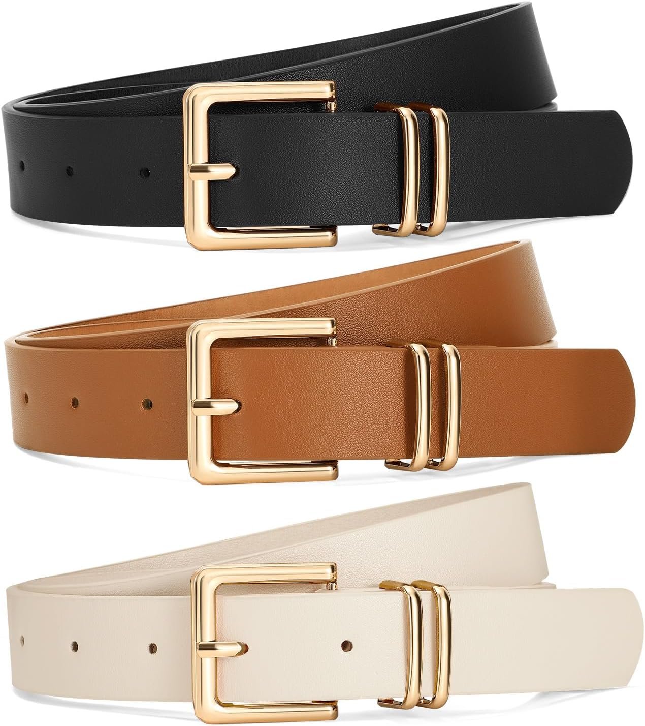 SANSTHS 3 PACK Women Leather Belts for Jeans Pants Dresses Fashion Ladies Waist Belt with Gold Square Buckle