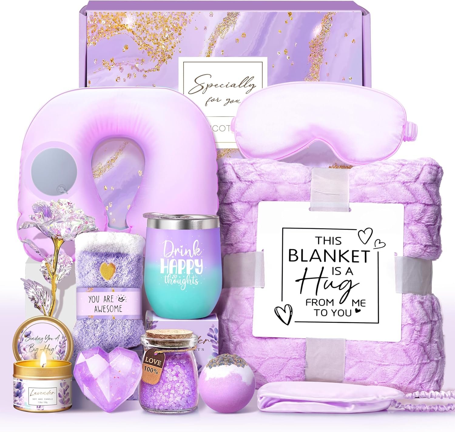 LUCOTIYA Birthday Gifts for Women, Self Care Get Well Soon Gifts, Lavender Relaxing Spa Gift Basket Care Package w/Blanket Unique Valentine Idea for Her,Mom, Friends