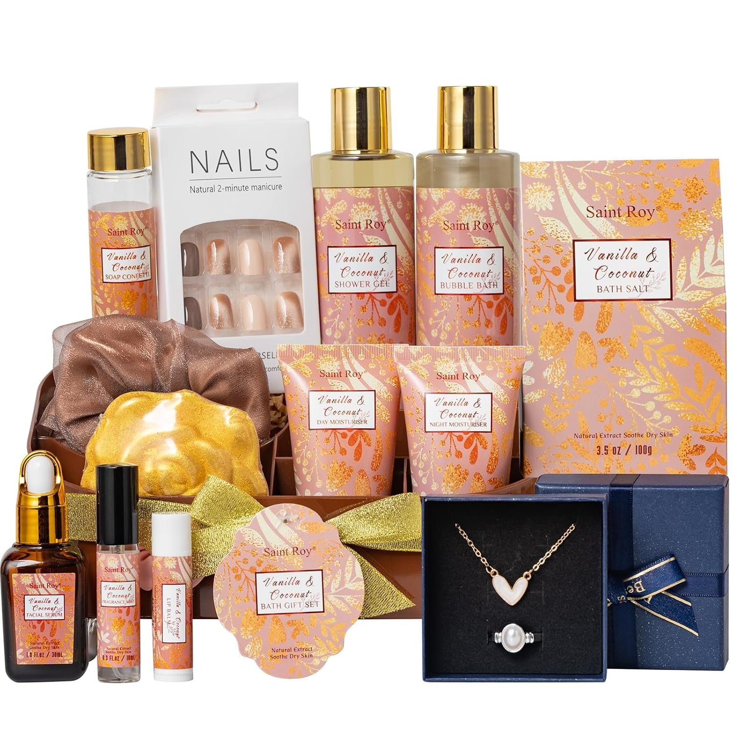 Valentines Day Gifts Luxury Gifts for Women, 16 Pcs Spa Gifts for Woman of Coconut Vanilla Scents Skin Care Kit, Facial Kit with Face Day Cream, Night Cream, Skincare Set in Makeup Storage Box