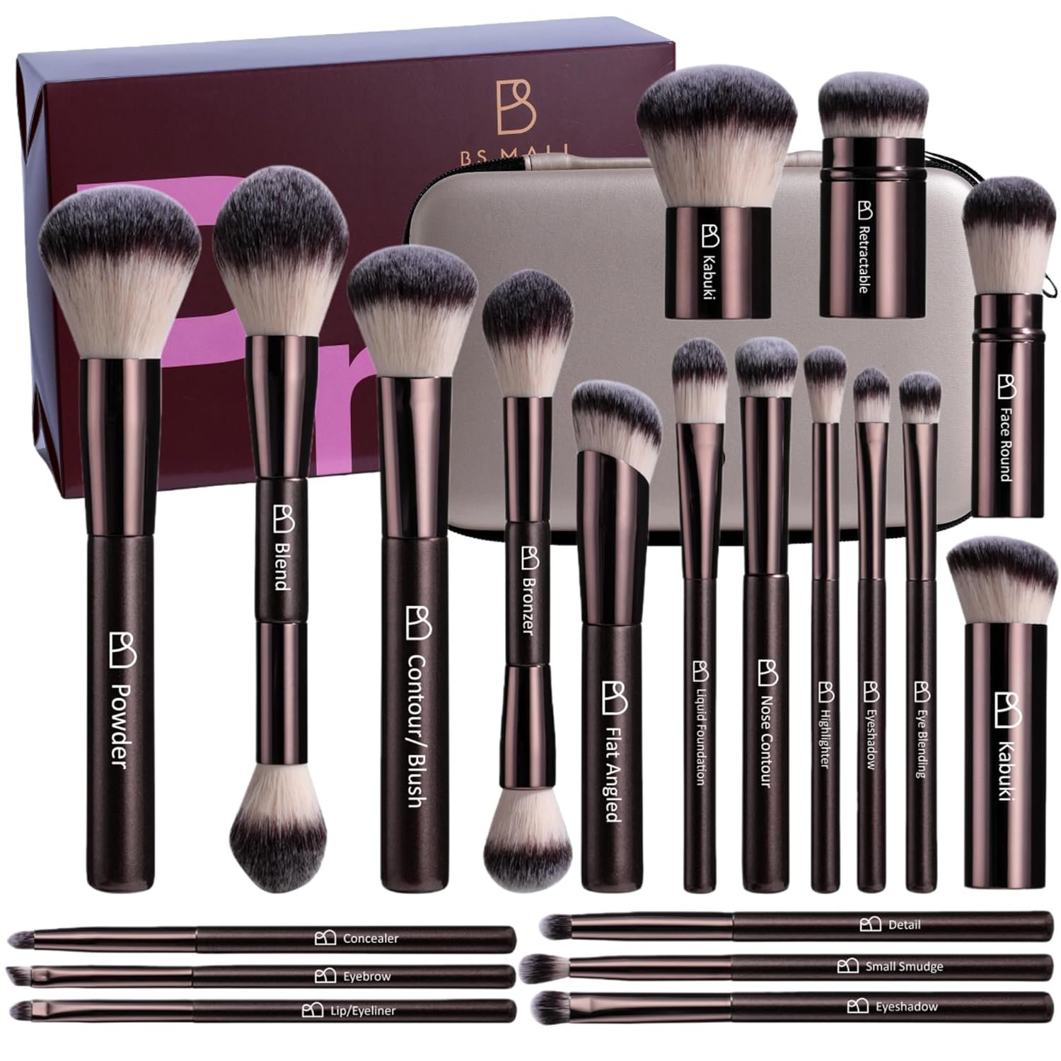 Professional Makeup Brushes BS-MALL With Travel Case – Kabuki Brush Eyeshadow Brush, Concealer Brush, Blush Brush Bronzer & Foundation Brush 20 Pcs, Labeled Daily Use & Versatile Occasions Gift Box